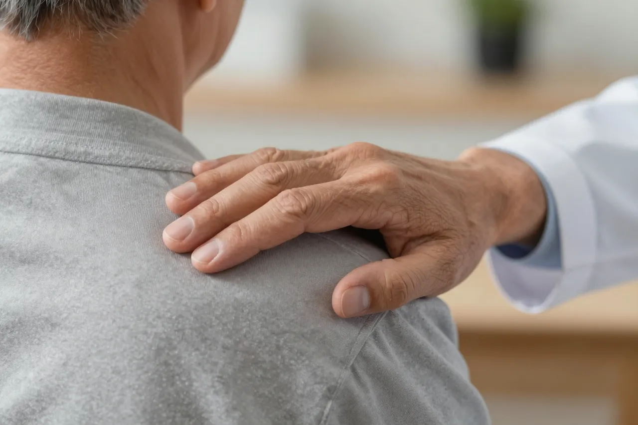 Close-up of a doctor's hand resting gently on a senior patient's shoulder in a clinical setting