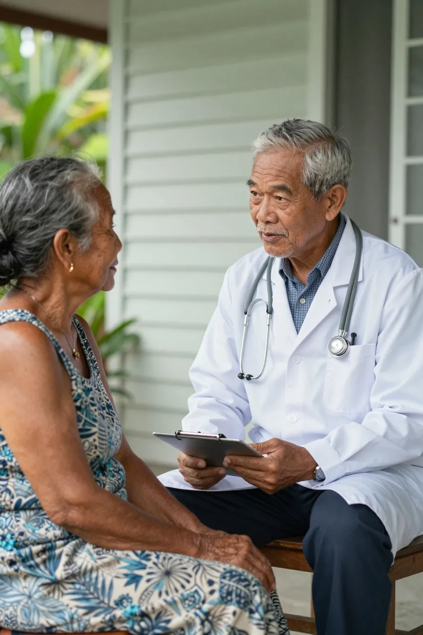 An elderly male doctor holding a clipboard converses with an older woman on a home veranda during a house call.