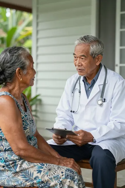 An elderly male doctor holding a clipboard converses with an older woman on a home veranda during a house call.