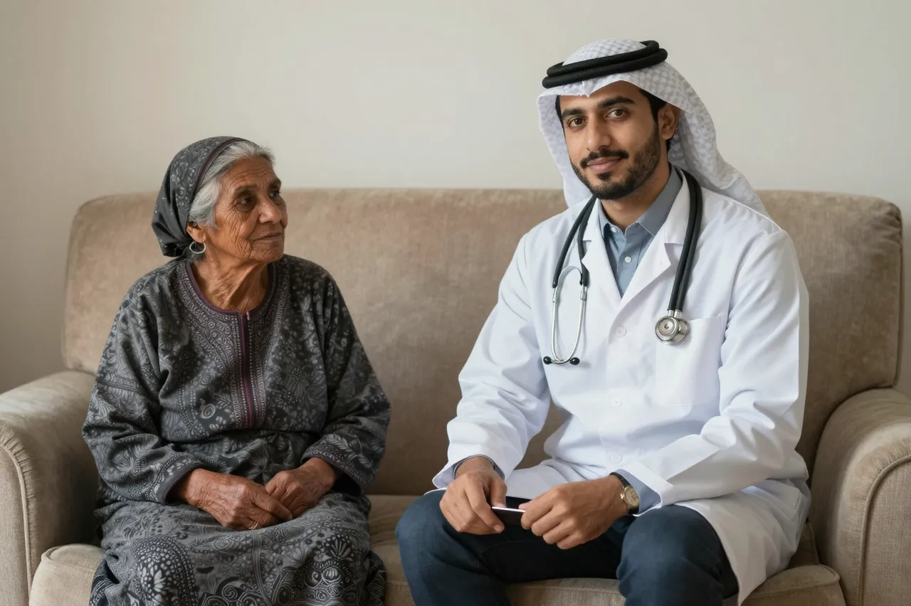 A Middle Eastern male doctor sits next to an elderly woman on a living room couch during a home health visit