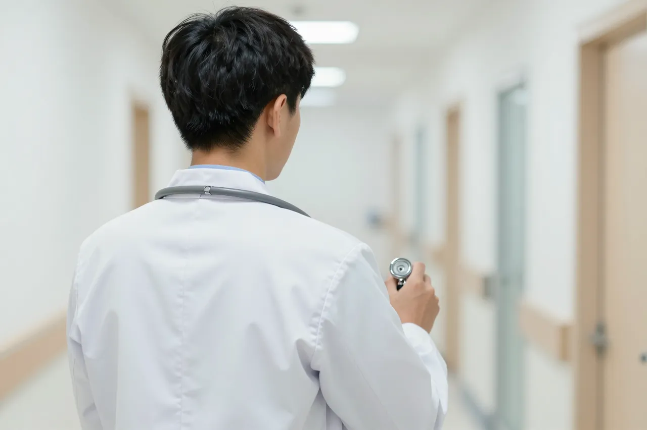 View from behind of a doctor wearing a lab coat and stethoscope standing in a bright hospital corridor.