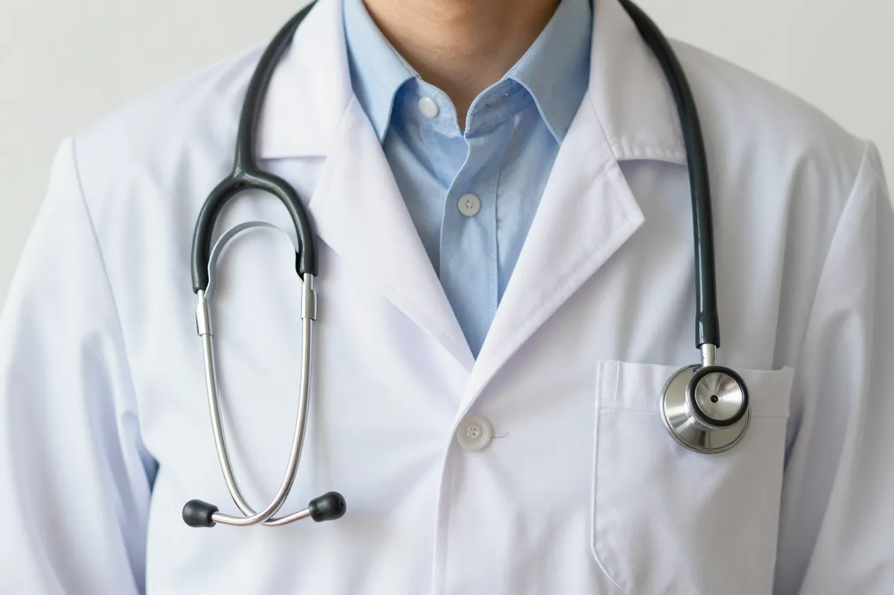 Close-up cropped view of a doctor's torso in a white coat with a stethoscope around their neck