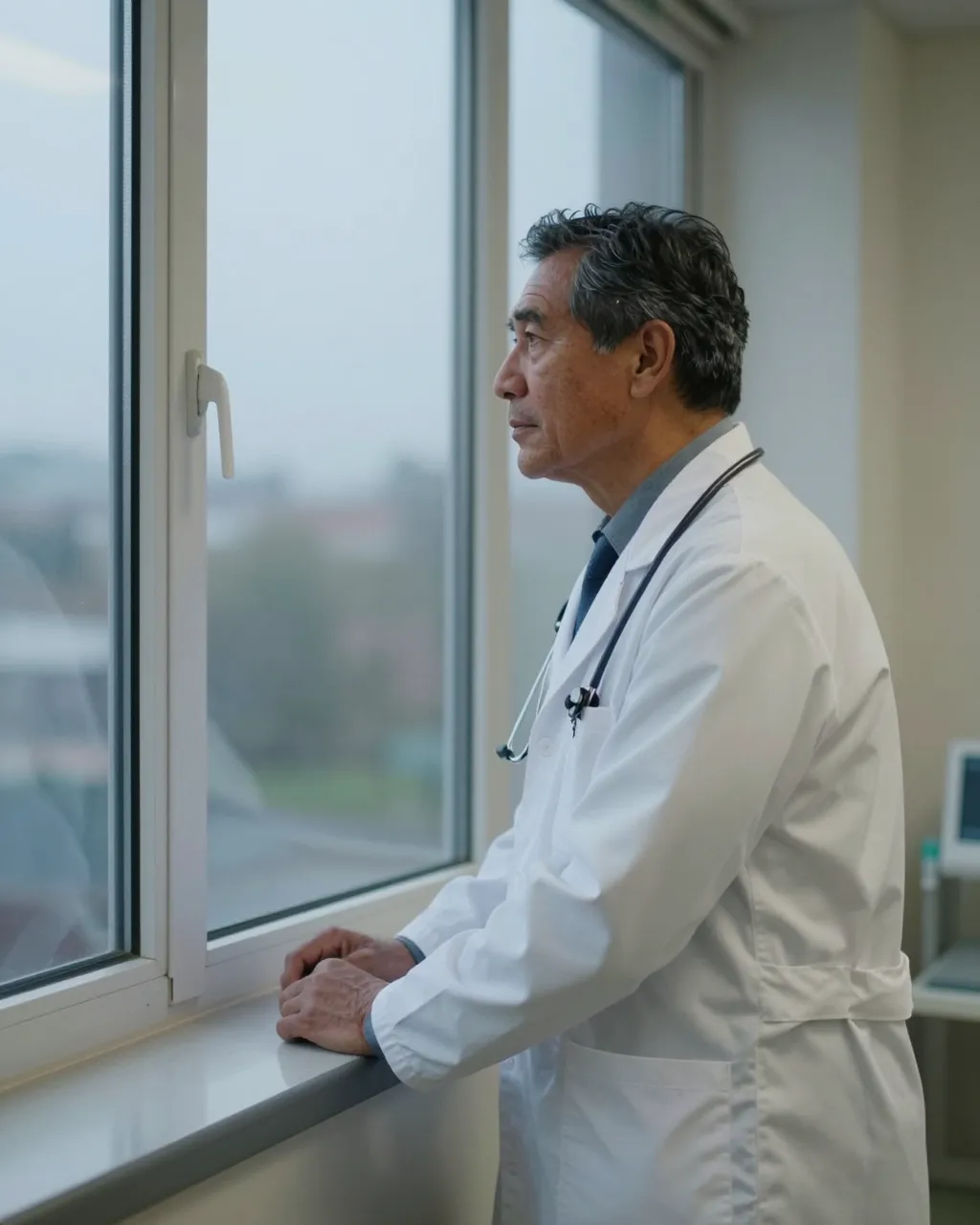 Side view of a male doctor leaning on a hospital windowsill looking out at dawn