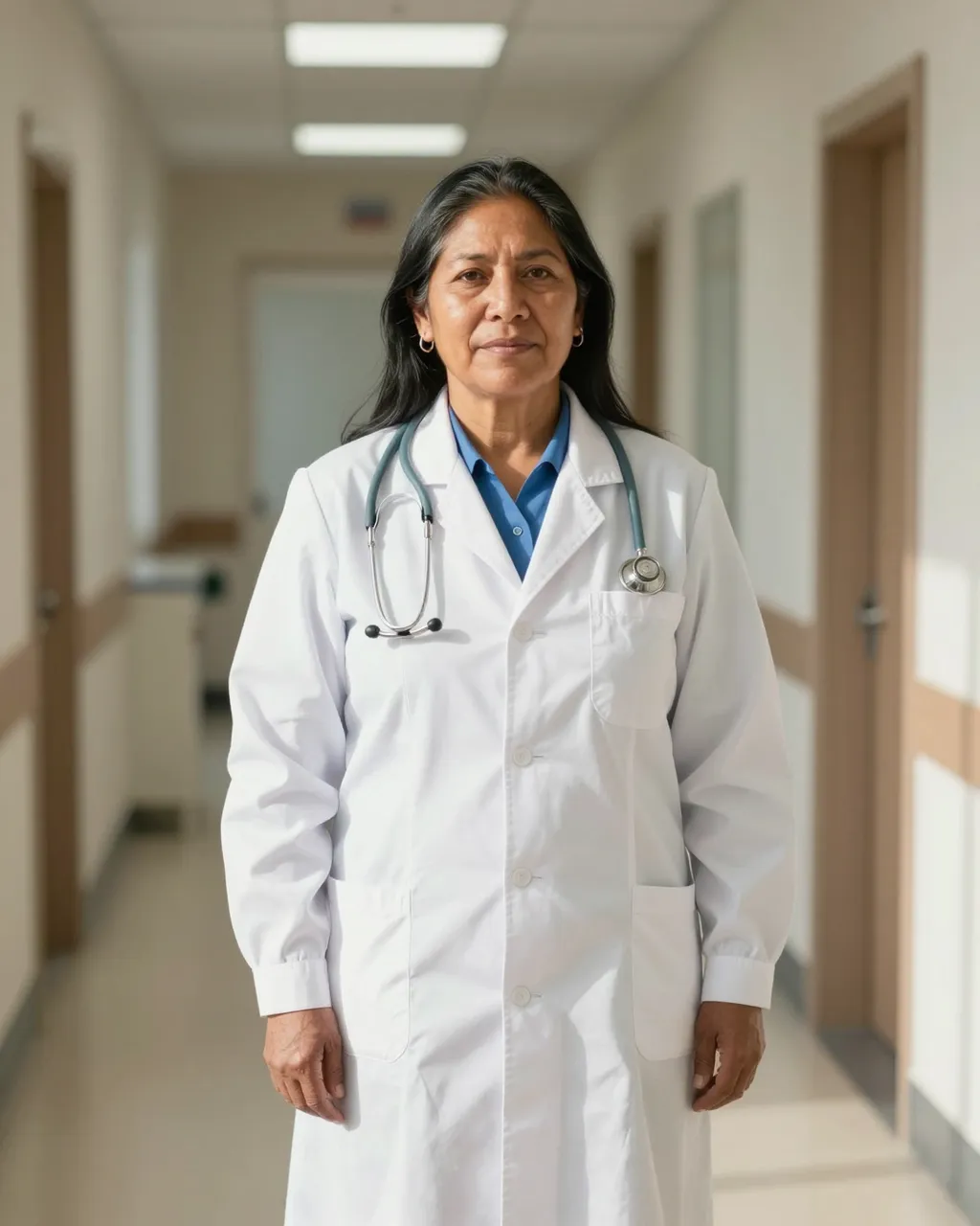 A middle aged Indigenous woman doctor stands facing the camera in a sunlit clinic hallway wearing a lab coat and stethoscope.