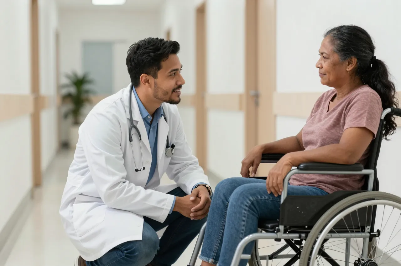 A male doctor crouches to speak gently with a female patient seated in a hospital corridor wheelchair.
