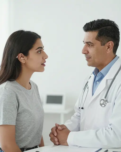 A woman with a hearing aid converses with a doctor in a bright medical exam room