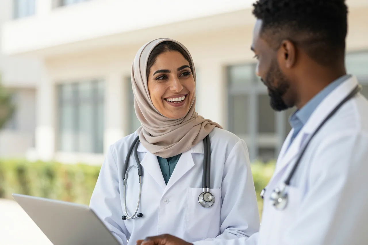 Two diverse doctors laugh and converse on a sunny hospital outdoor terrace