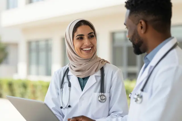 Two diverse doctors laugh and converse on a sunny hospital outdoor terrace