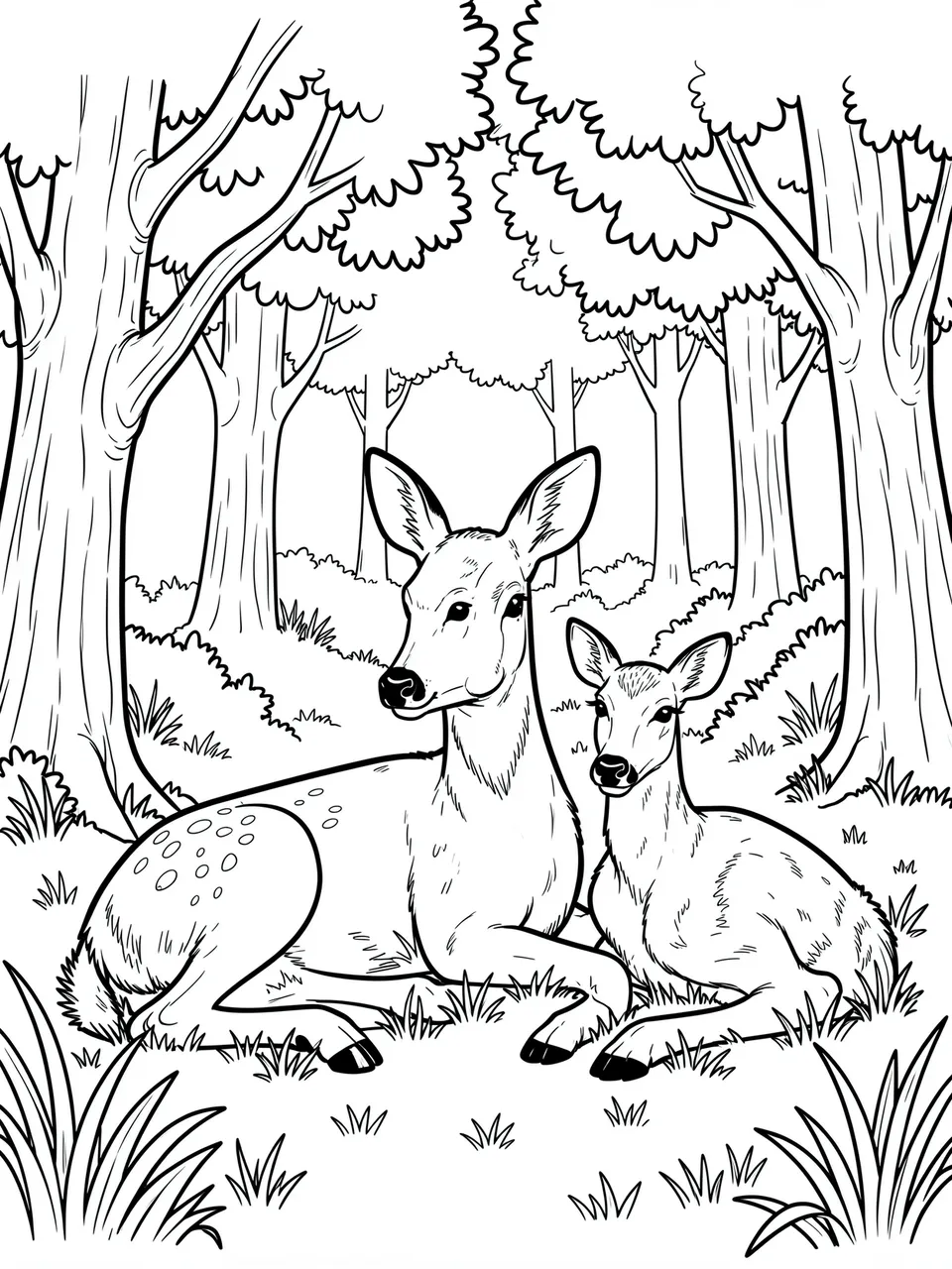 Bold black line art of a resting doe and fawn in a forest glade on a white background