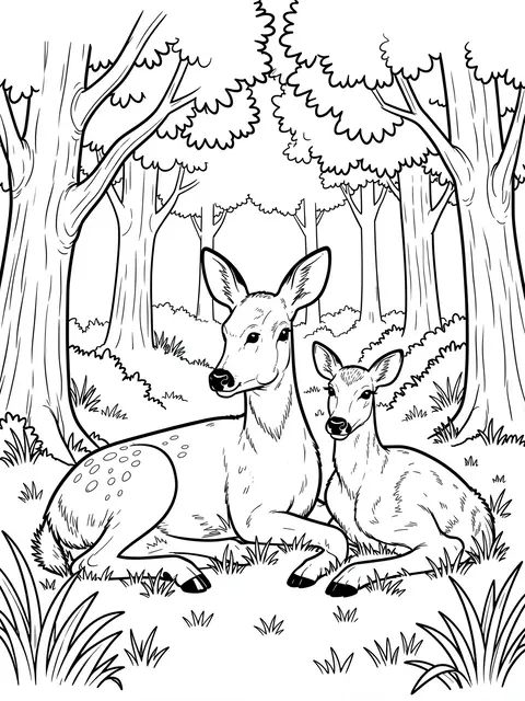 Bold black line art of a resting doe and fawn in a forest glade on a white background