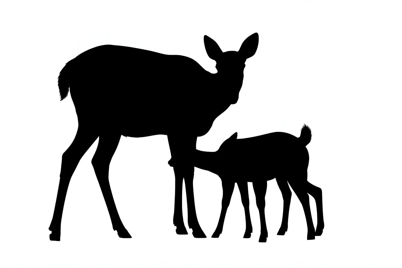 Solid black silhouette of an adult doe and small fawn on a plain white background