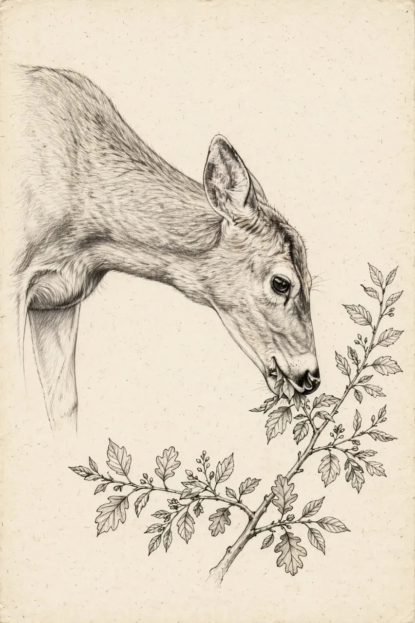 Detailed graphite sketch of a doe in profile nibbling leaves from a low branch on cream textured paper