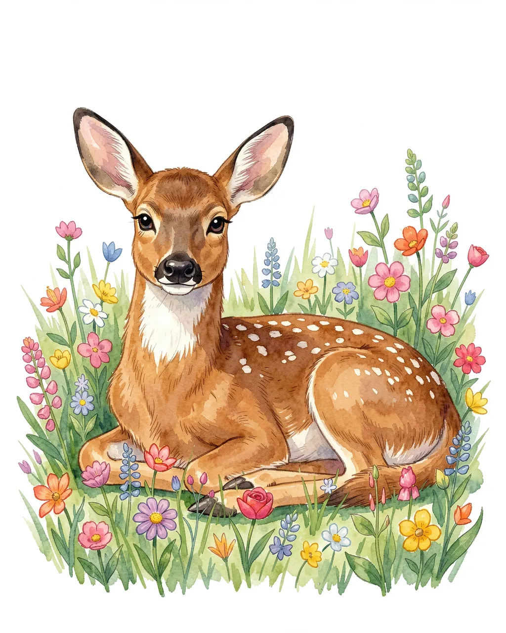 Watercolor illustration of a spotted deer doe resting surrounded by colorful spring wildflowers on a white background