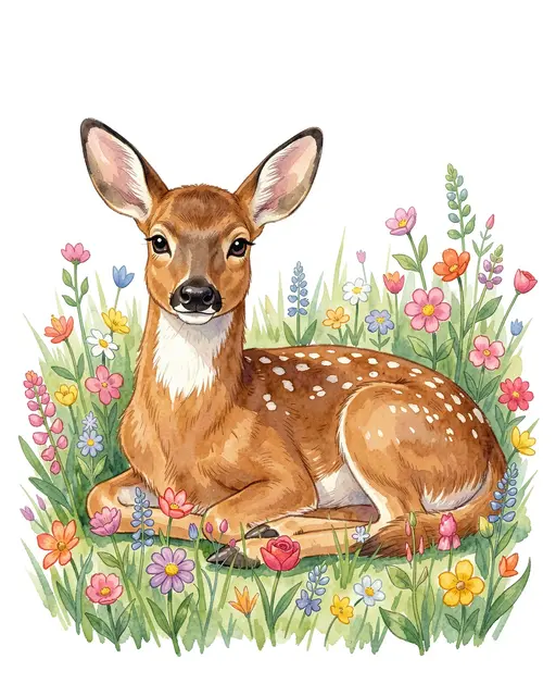 Watercolor illustration of a spotted deer doe resting surrounded by colorful spring wildflowers on a white background