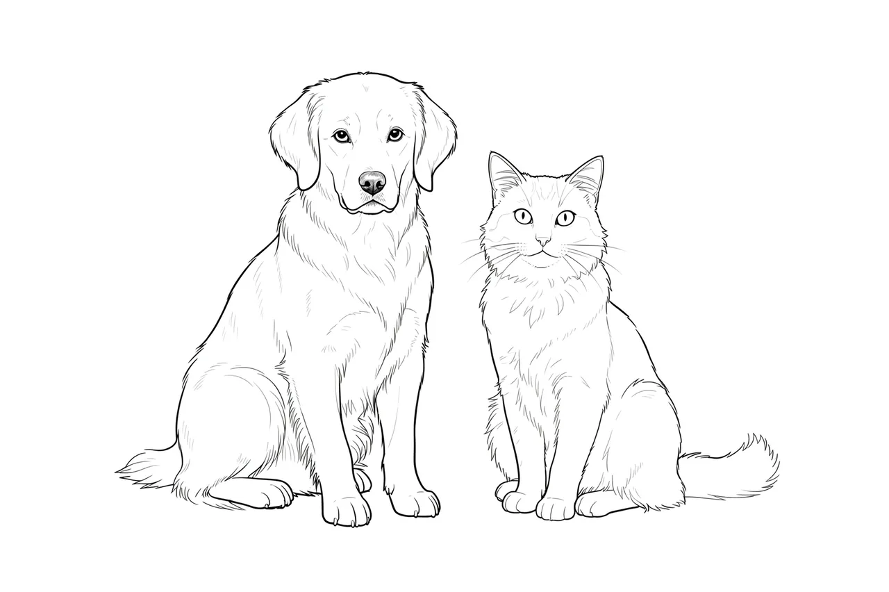 Fine delicate line drawing of a sitting dog and cat side by side on a plain white background