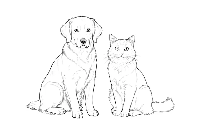Fine delicate line drawing of a sitting dog and cat side by side on a plain white background