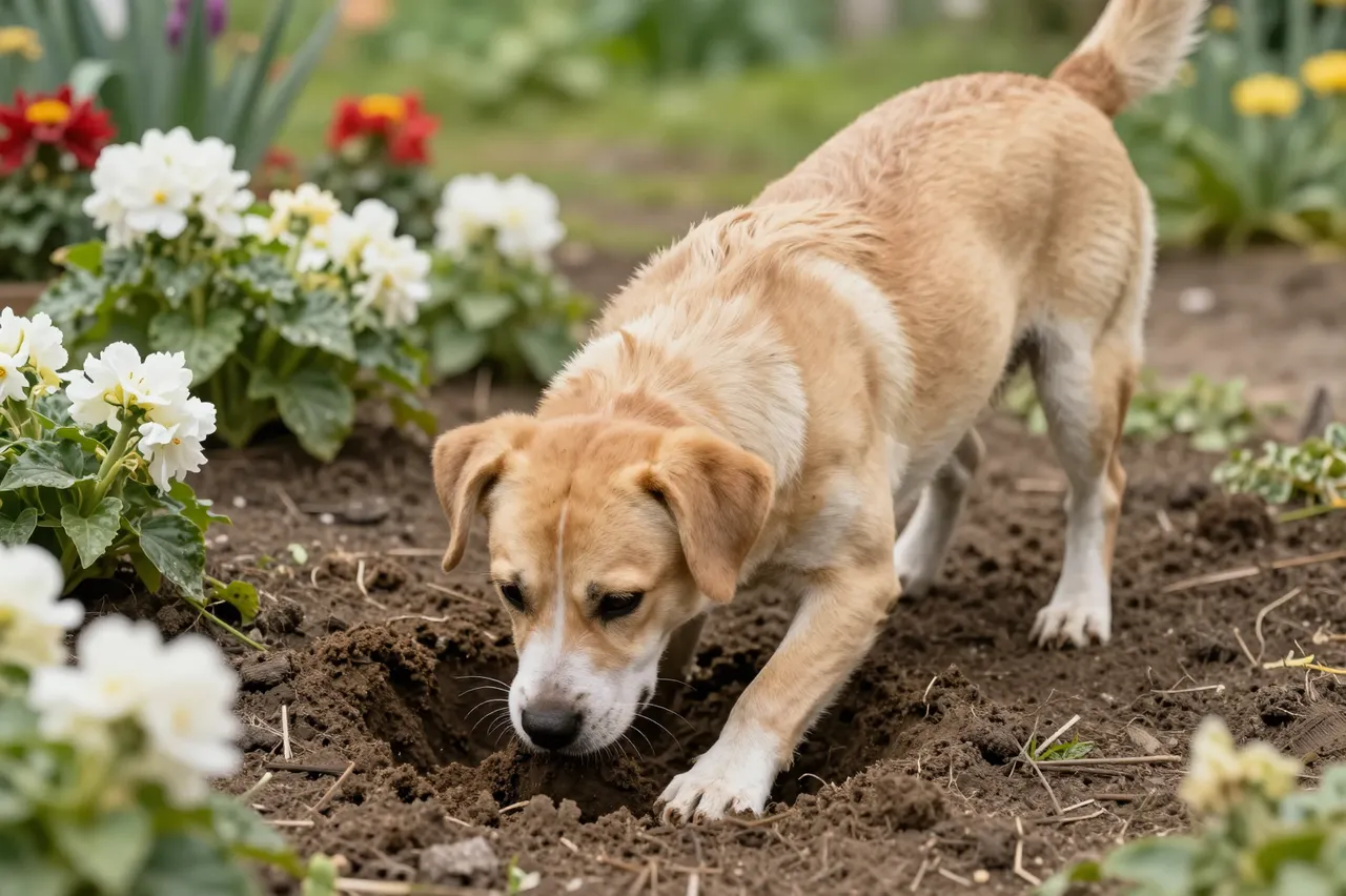 A light brown and white dog digs in tilled soil surrounded by flowering garden plants.