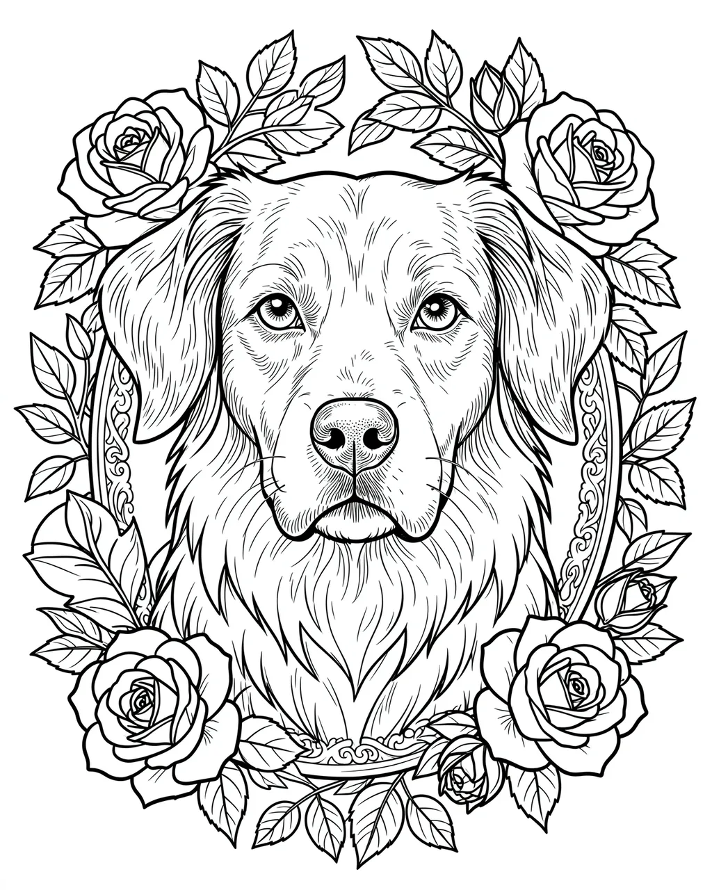 Intricate black and white line art dog portrait framed by roses and leaves on a white background