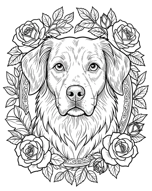 Intricate black and white line art dog portrait framed by roses and leaves on a white background