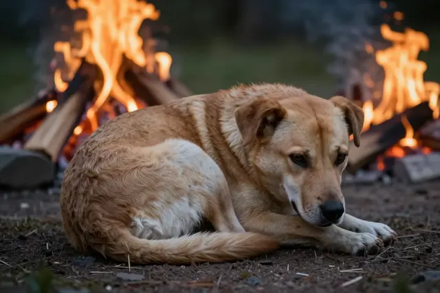 A light tan and white dog curls up resting on the ground between two burning campfires at night