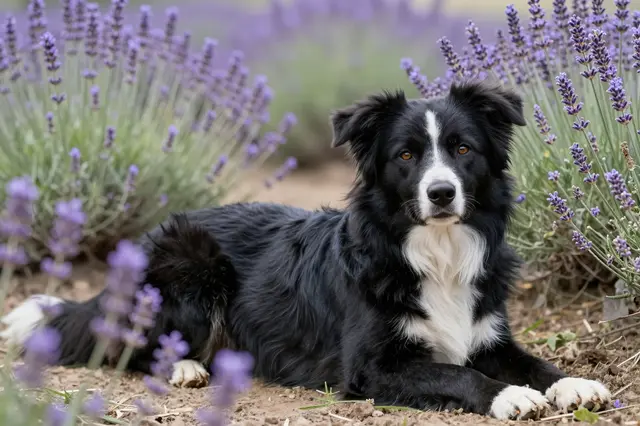 Black and white australian shepherd dog lying calmly on dirt between blooming lavender plants
