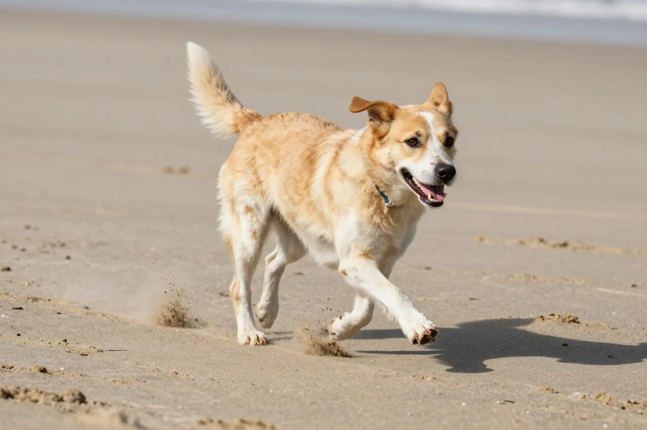 A light tan and white mixed breed dog runs across beach sand, kicking up small puffs of sand on a bright sunny day.