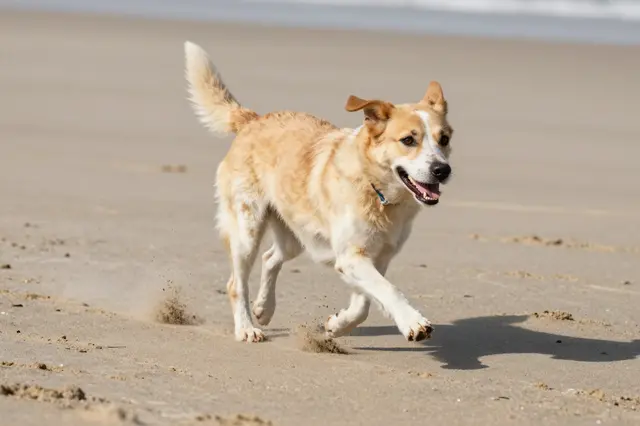 A light tan and white mixed breed dog runs across beach sand, kicking up small puffs of sand on a bright sunny day.