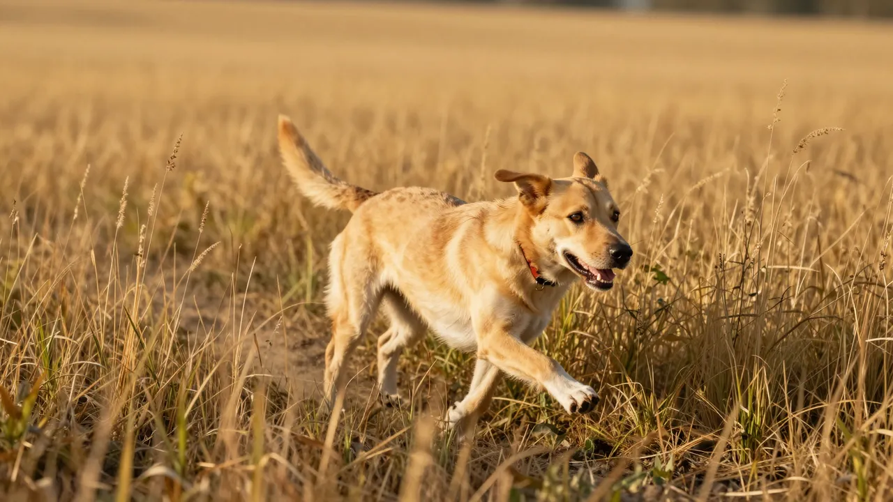 A light tan dog runs through tall golden grass lit by warm sunset light