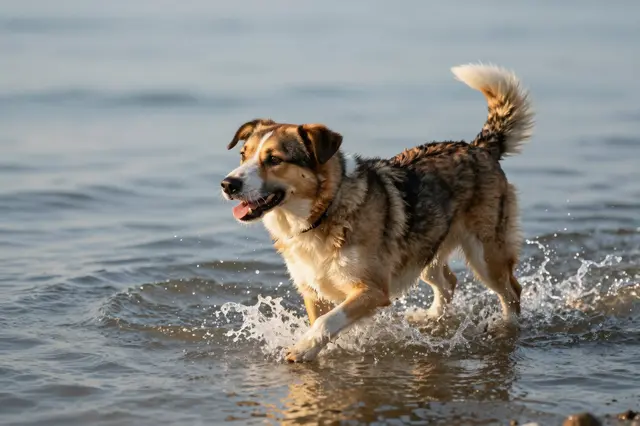 A fluffy mixed breed dog splashes through calm shallow water during warm golden hour light.