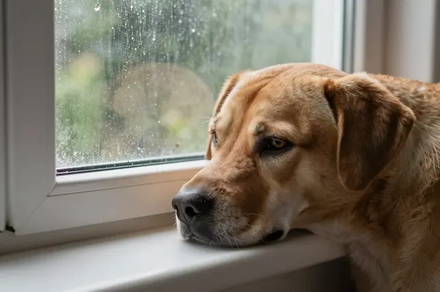 A light brown dog rests its head on a windowsill beside raindrop-covered glass looking outward