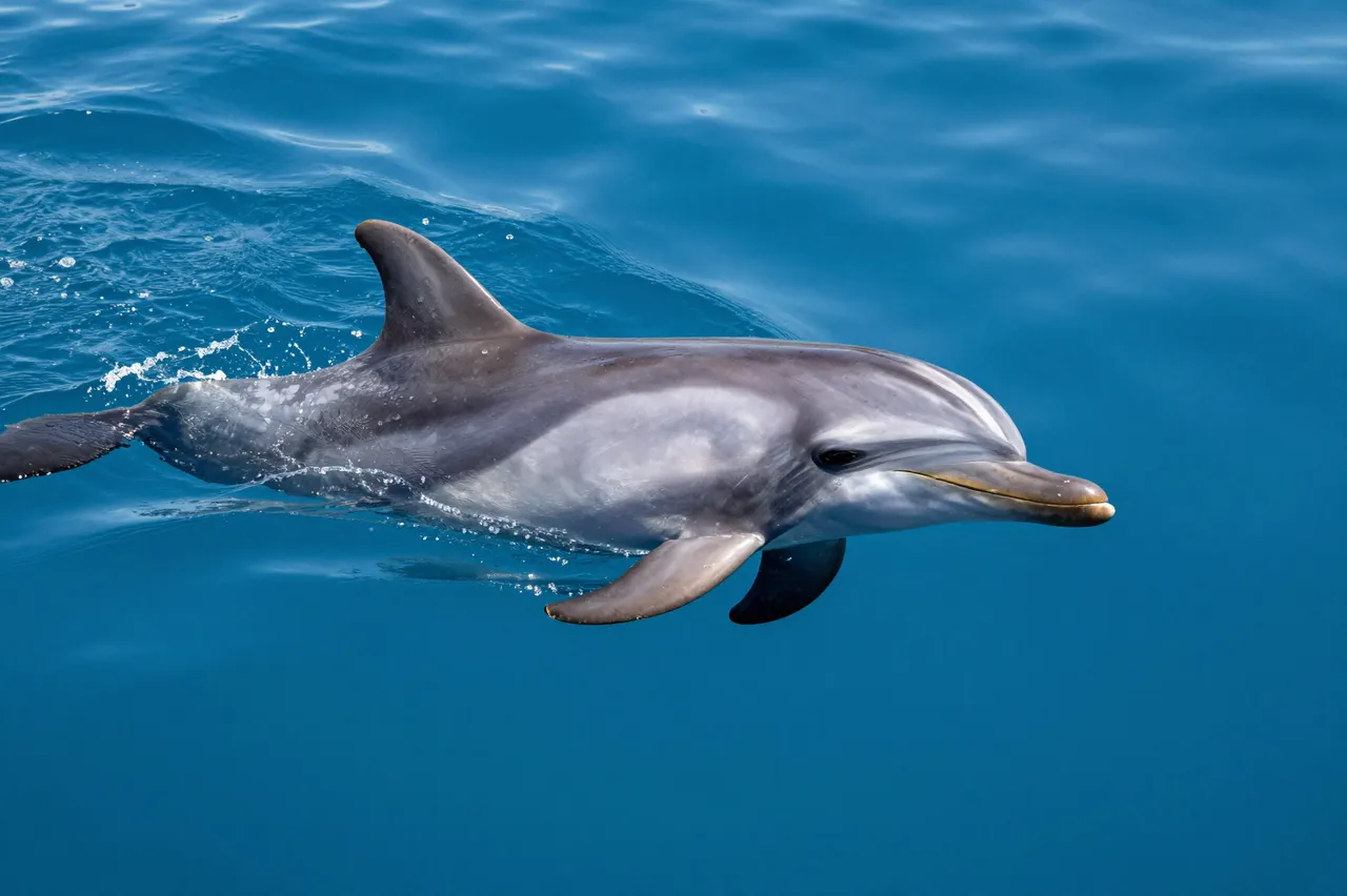 A bottlenose dolphin swims partially at the surface of clear bright blue ocean water, creating small splashes.