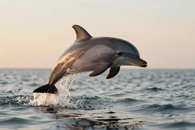 A bottlenose dolphin leaps above calm ocean waters during a warm golden sunset