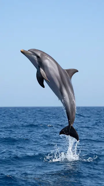 A bottlenose dolphin leaps vertically out of the deep blue ocean beneath a clear pale blue sky
