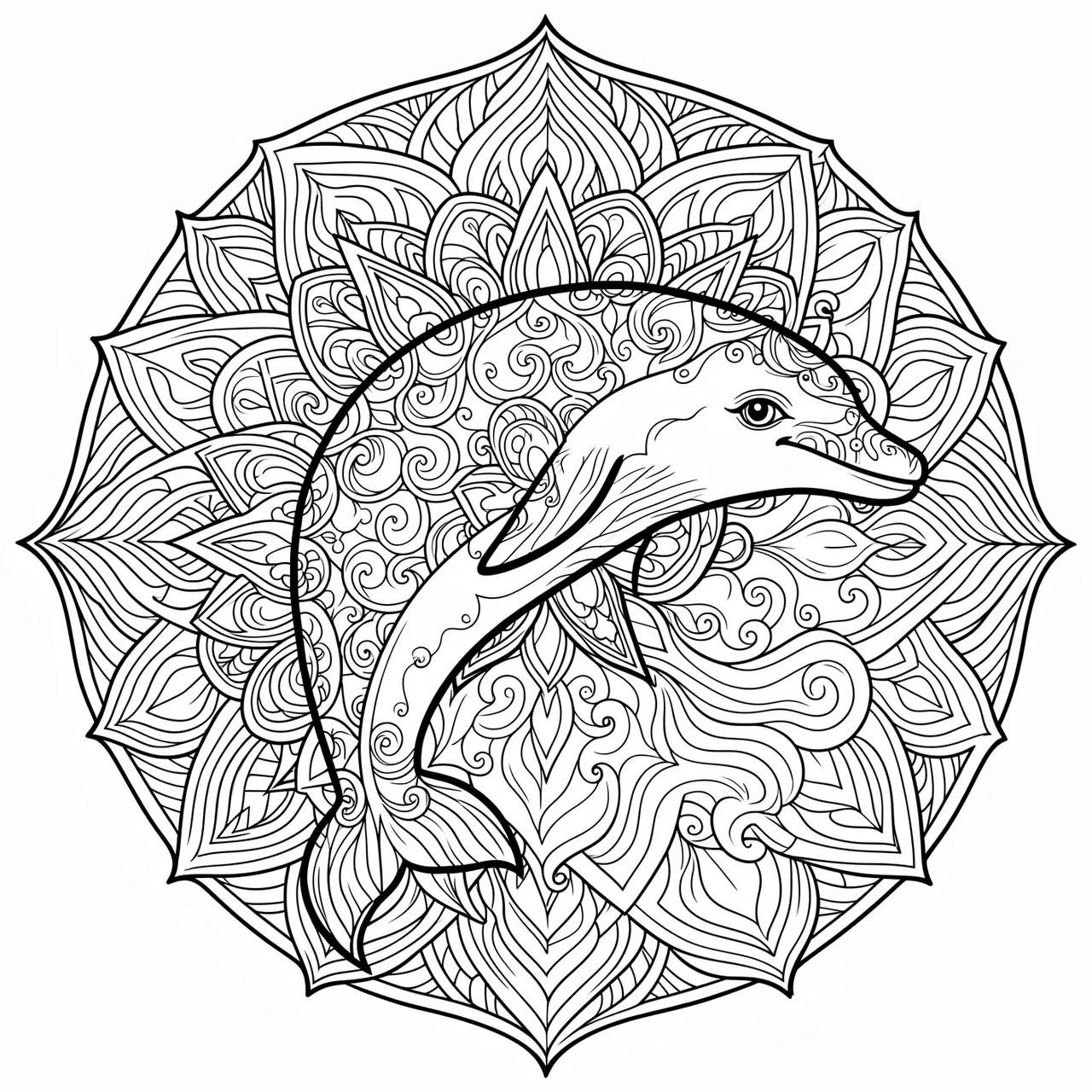 Intricate black and white line art of a decorated dolphin within a circular mandala pattern on a plain white background