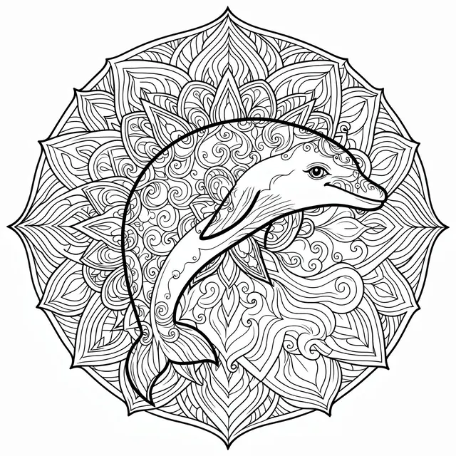 Intricate black and white line art of a decorated dolphin within a circular mandala pattern on a plain white background