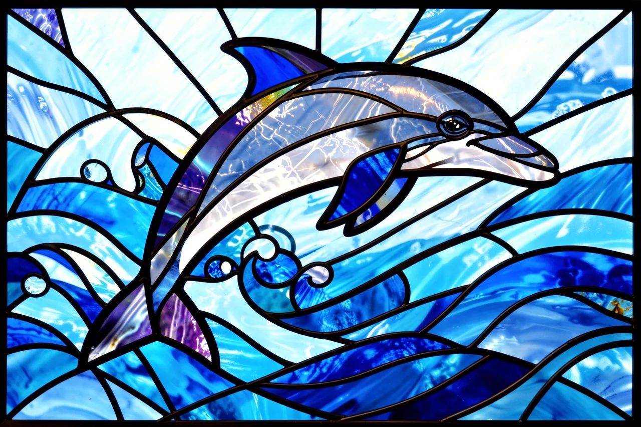 Stained glass panel with bold black lead lines showing a leaping dolphin above swirling blue waves