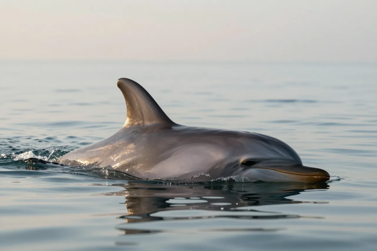 A bottlenose dolphin swims partially above calm ocean water under soft pale dawn light