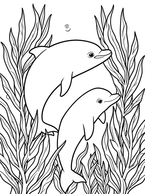 Bold black line art of two swimming dolphins framed by tall kelp on a white coloring page background