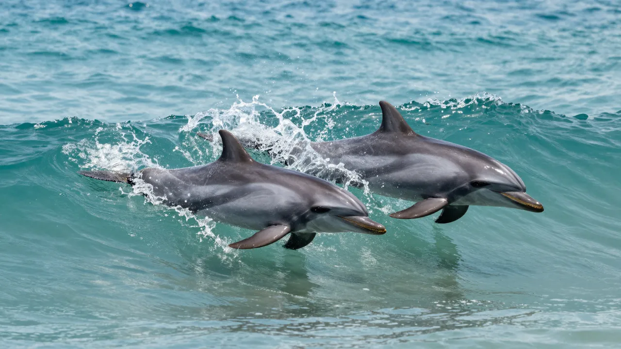Two dolphins leap side by side over a small wave in bright turquoise ocean water