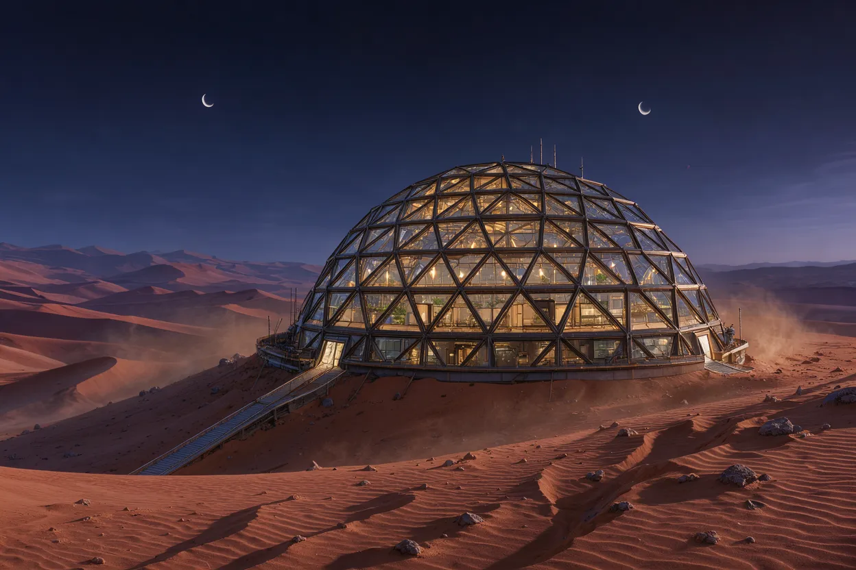 Illuminated geodesic dome habitat sits on a red desert planet under a night sky with two crescent moons