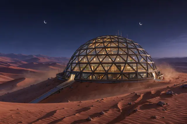 Illuminated geodesic dome habitat sits on a red desert planet under a night sky with two crescent moons