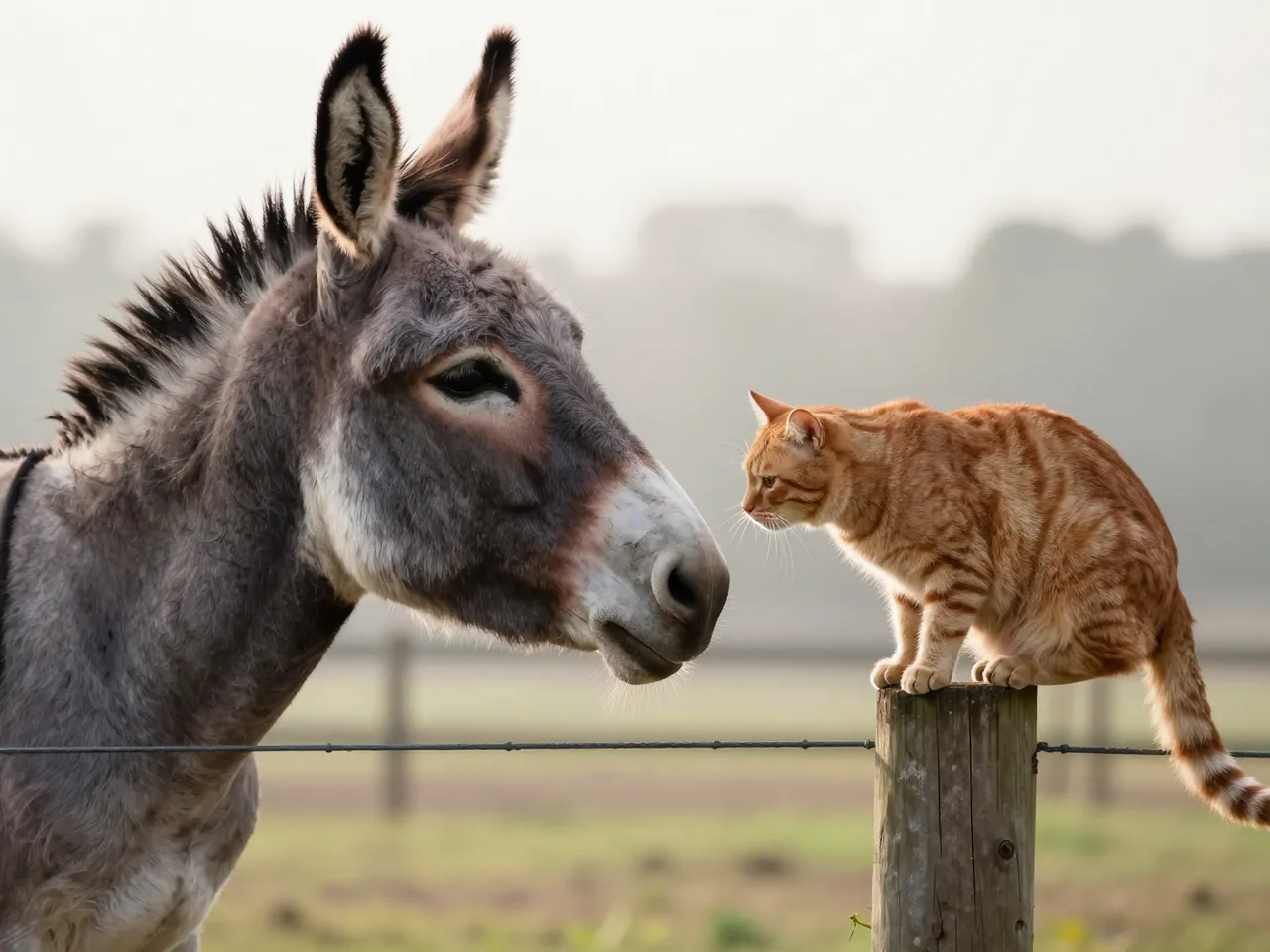 Gray donkey faces a ginger tabby cat perched on a wooden fence post in soft morning farm light