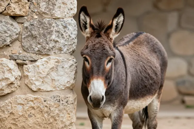 A brown donkey stands next to a rough stone wall, looking directly at the camera.