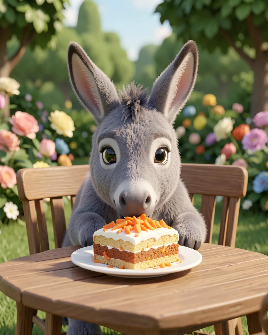 Cute gray 3D donkey sits at a wooden garden table eating carrot cake topped with orange sprinkles