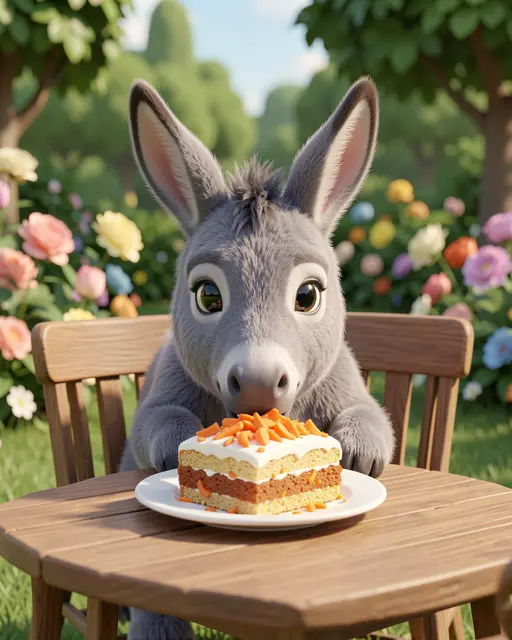 Cute gray 3D donkey sits at a wooden garden table eating carrot cake topped with orange sprinkles