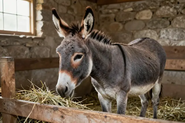 A gray donkey with a pale muzzle eats hay from a wooden rack inside a rustic stone barn lit by window light