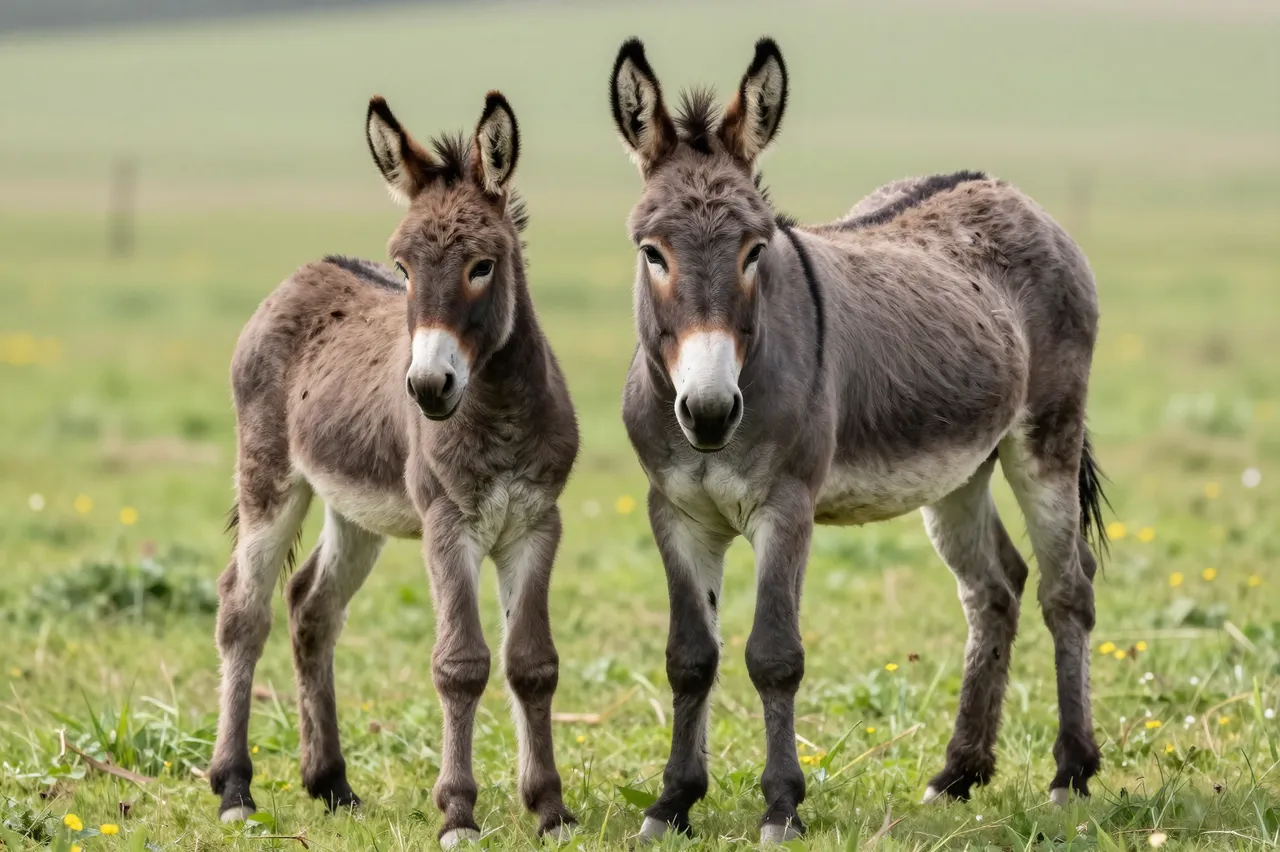 An adult donkey and its young foal stand side by side facing the camera in a grassy pasture.