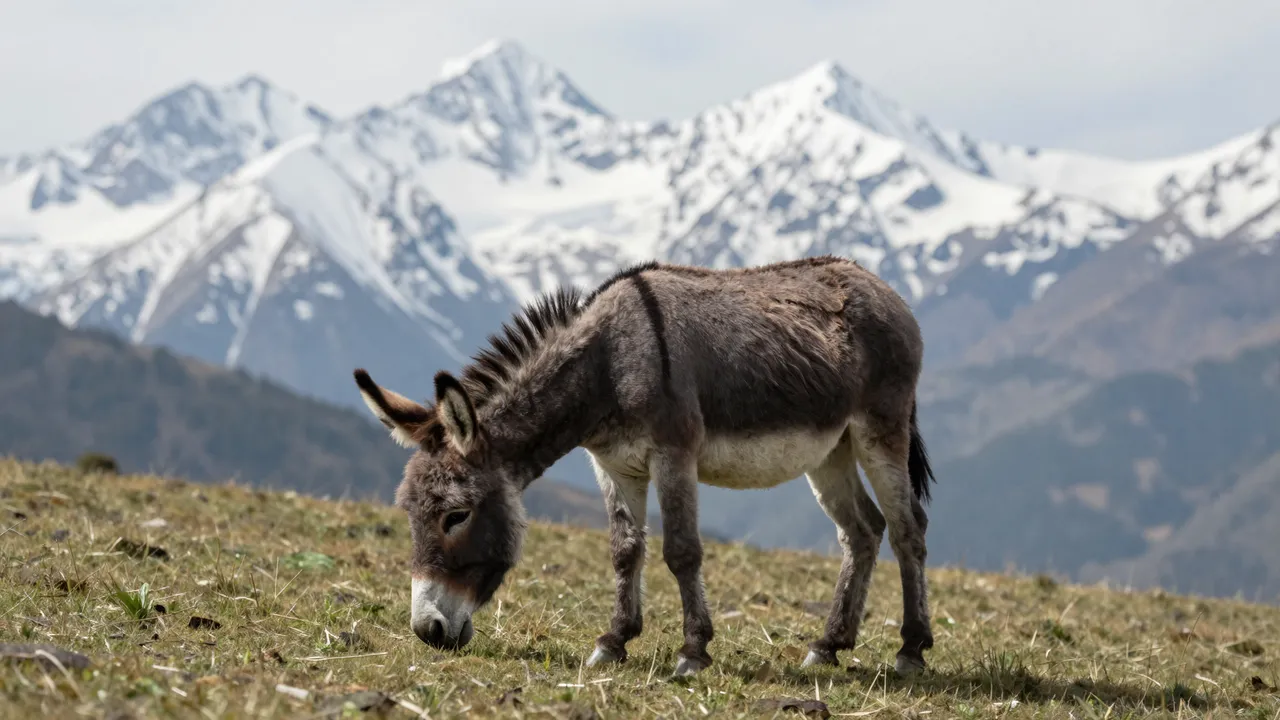 A gray donkey grazes on a grassy high elevation meadow with snowy mountain peaks behind it