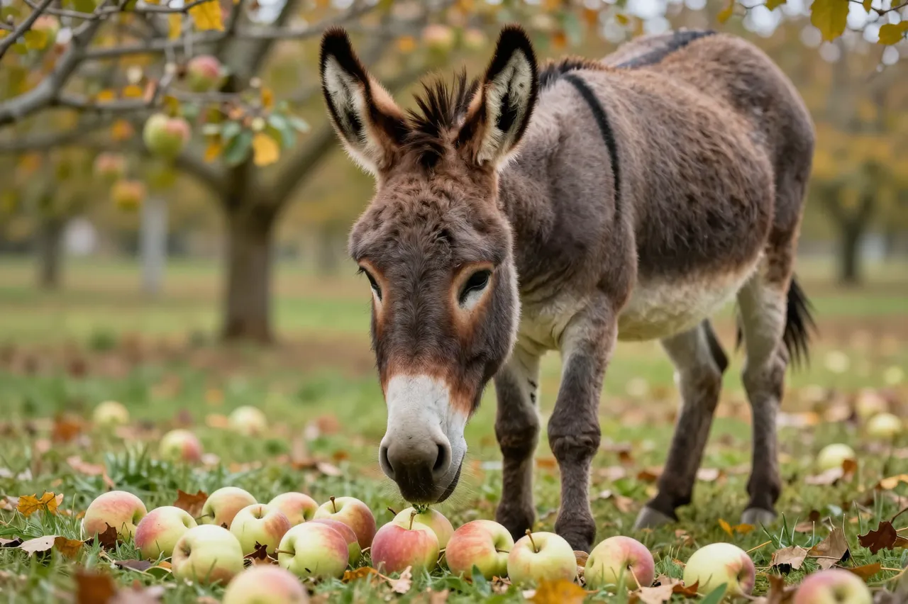 A brown donkey with long ears and gray muzzle stands over fallen apples in an autumn orchard