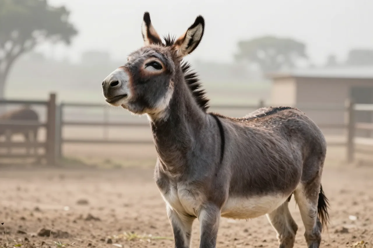 A gray donkey stands with its head raised in a hazy sunlit dusty farmyard